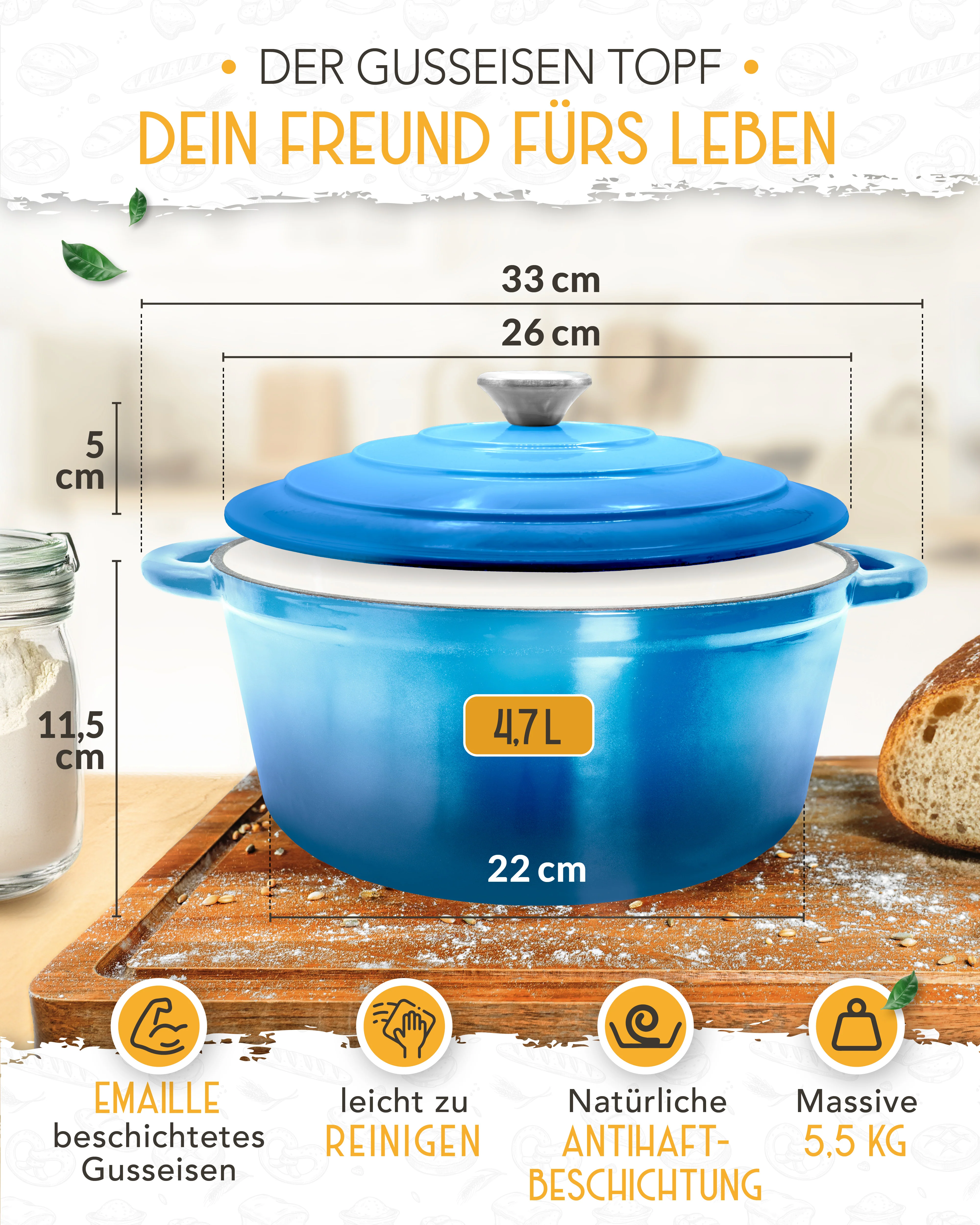 26cm Emaille Gusseisentopf in Blau - Einzeln - Image 4