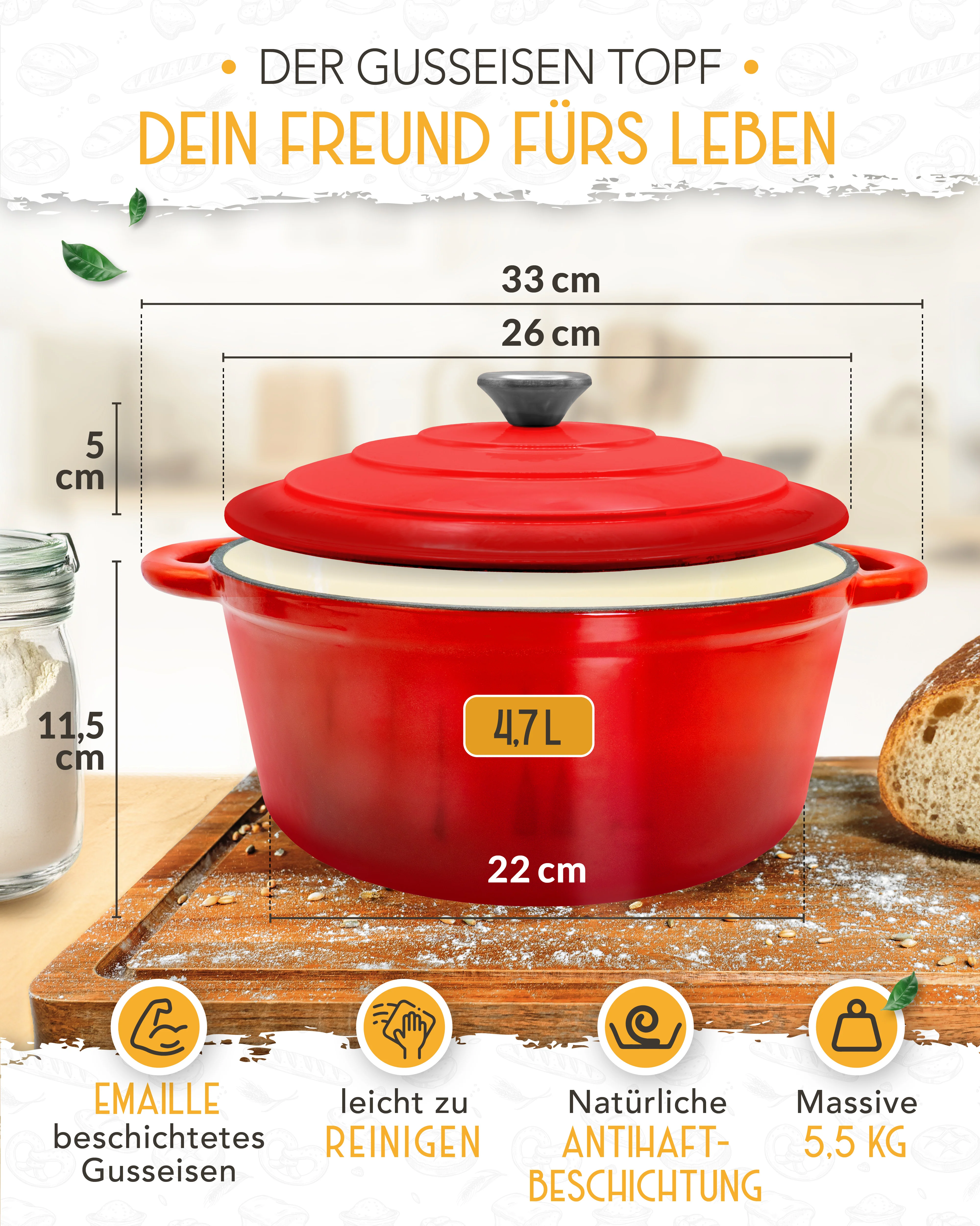 26cm Emaille Gusseisentopf in Rot - Einzeln - Image 4