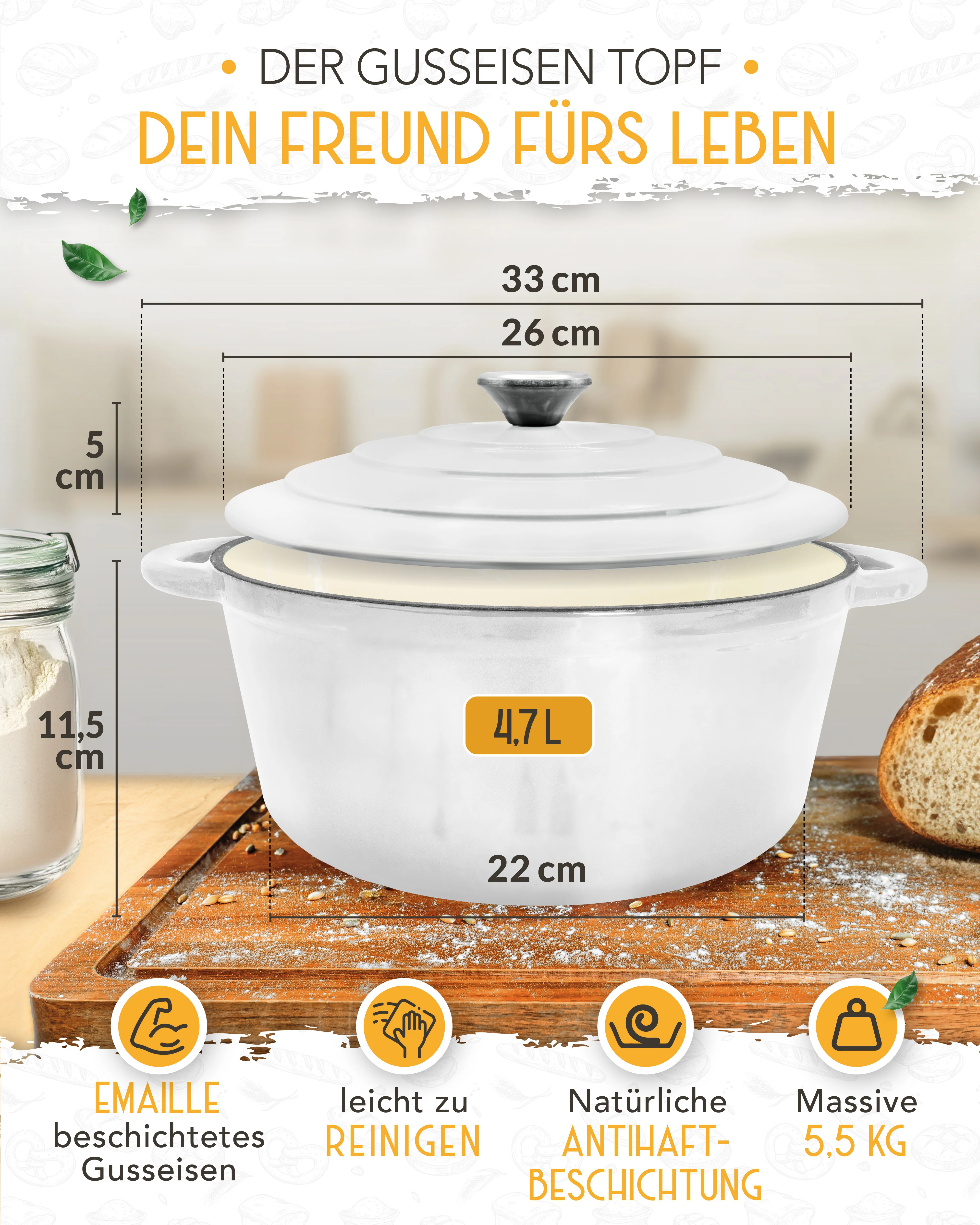 26cm Emaille Gusseisentopf in Weiß - Einzeln - Image 4