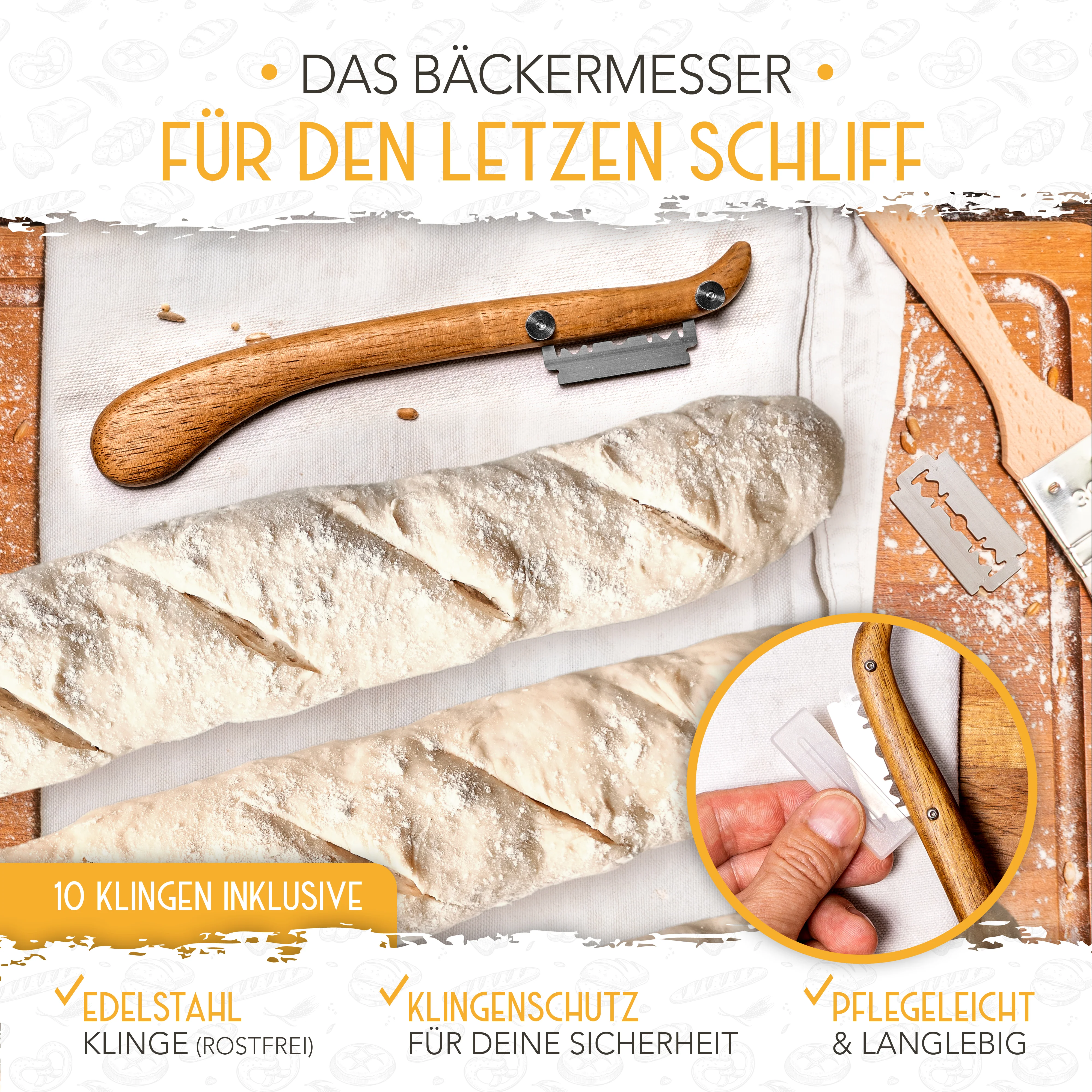 Baguette Backform (3 Mulden) + Bäckermesser + Bäckerleinen - Image 6