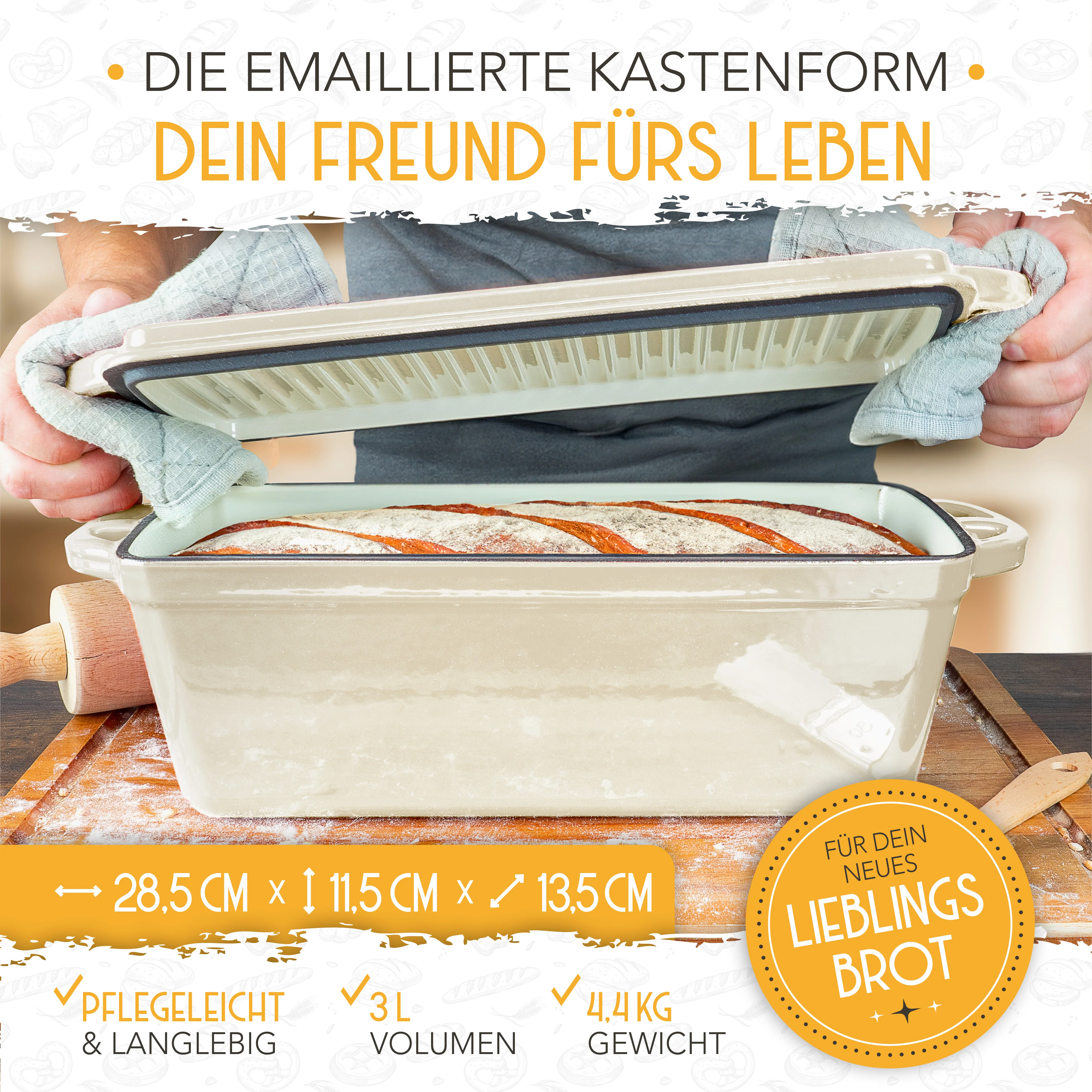 Emaille Brotbackform 28cm mit Deckel in Creme - Image 4