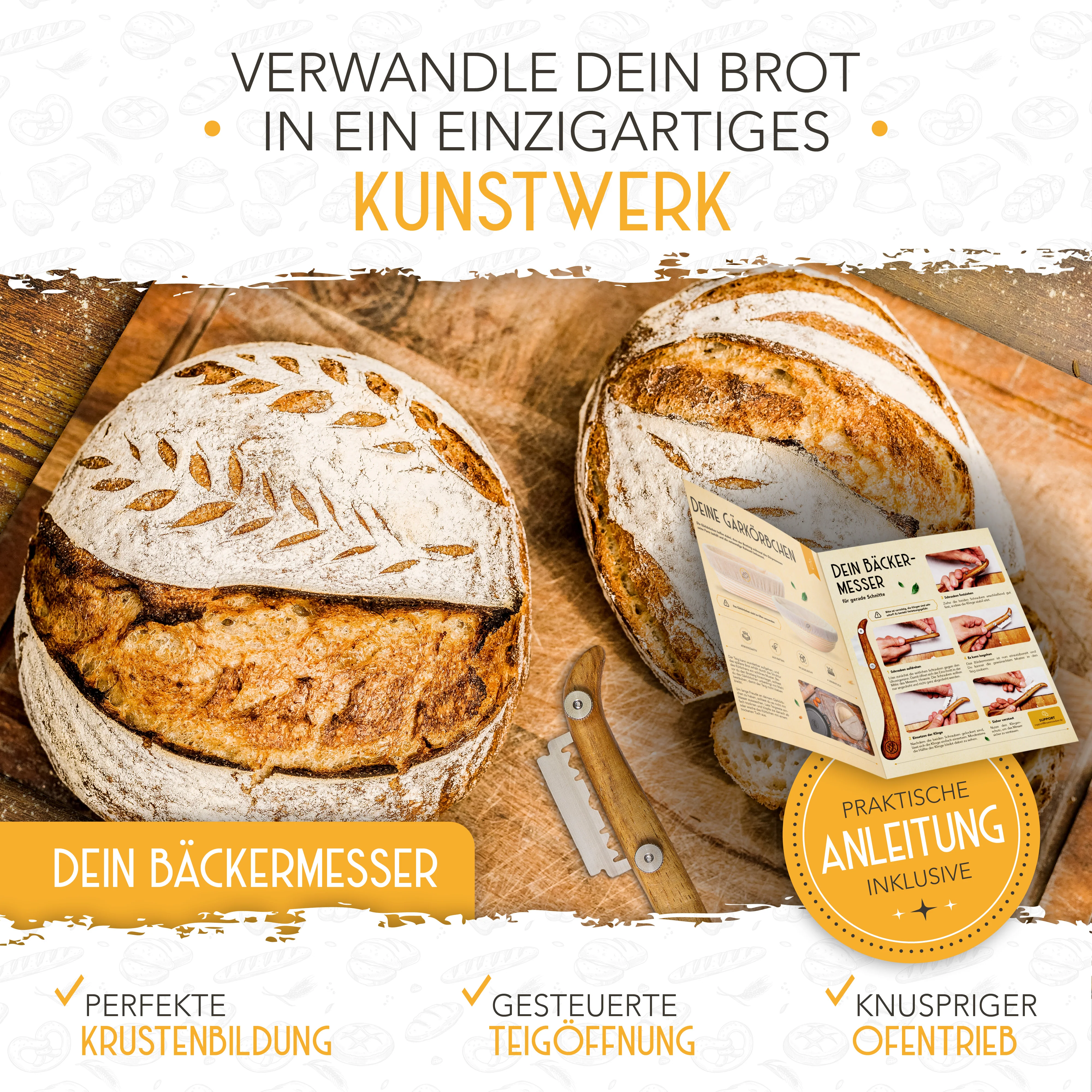Vorteilspack - 2x Gärkörbchen, 600ml Sauerteig Starter Set, Bäckermesser, Spatel - Image 7